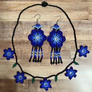 Boho set Mexican huichol art necklace and earrings on blue